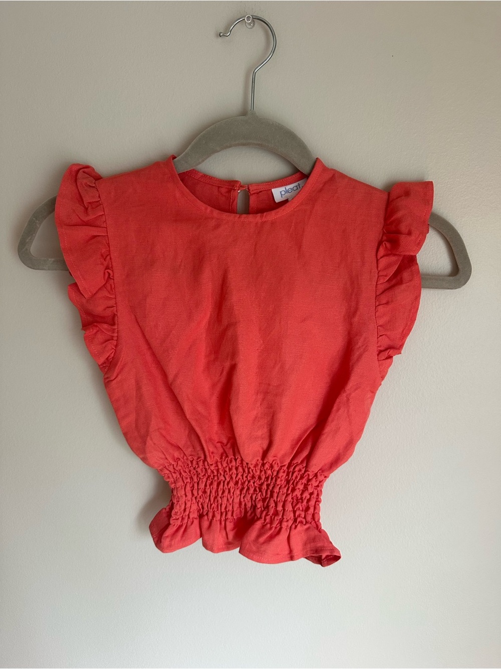 PLEAT Girls Smocked Waist Sleeveless Ruffle Linen Dressy Top Size 7 Coral NEW